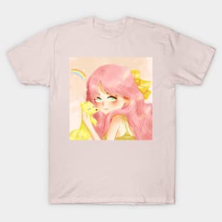 Pink Hair Cool Girl witih Weasel T-Shirt